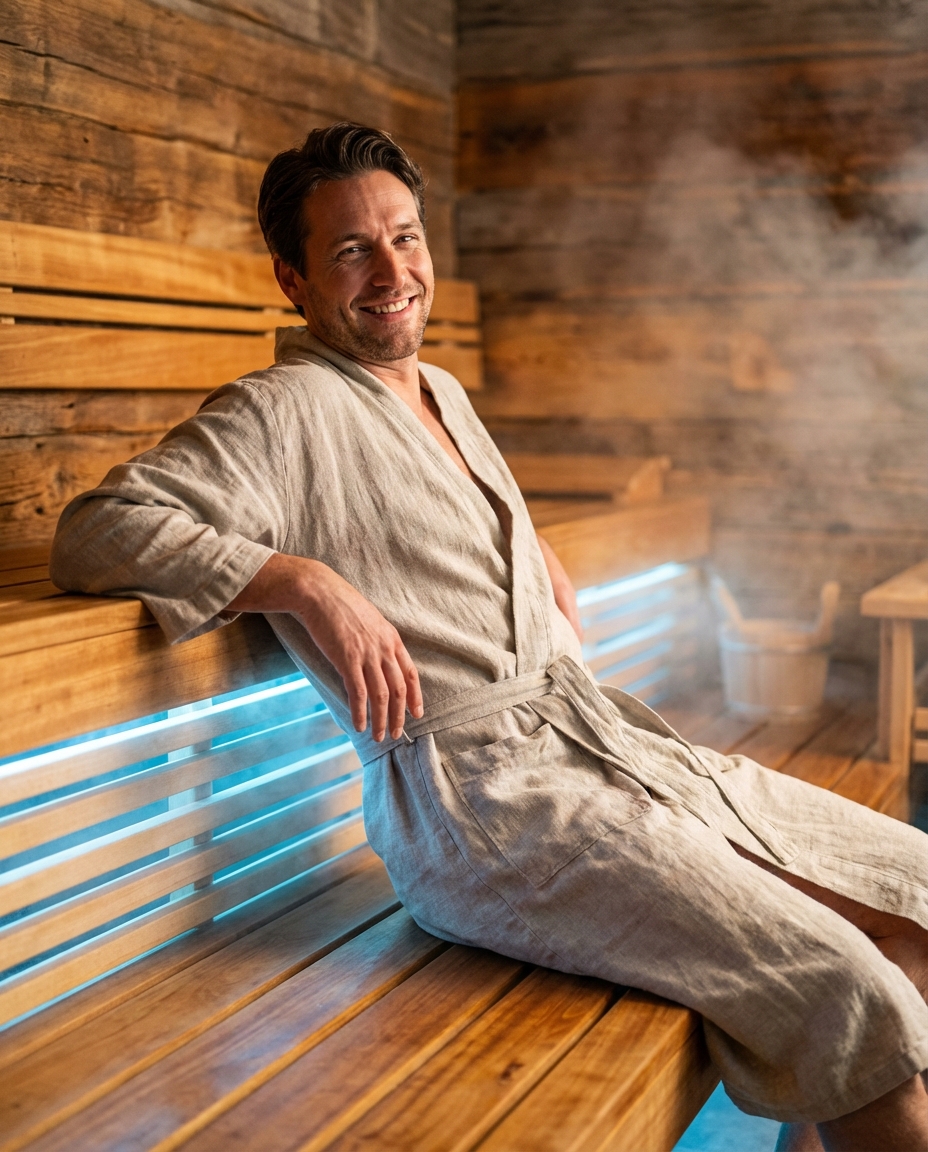 Man enjoying sauna with essential accessories and cooling gear